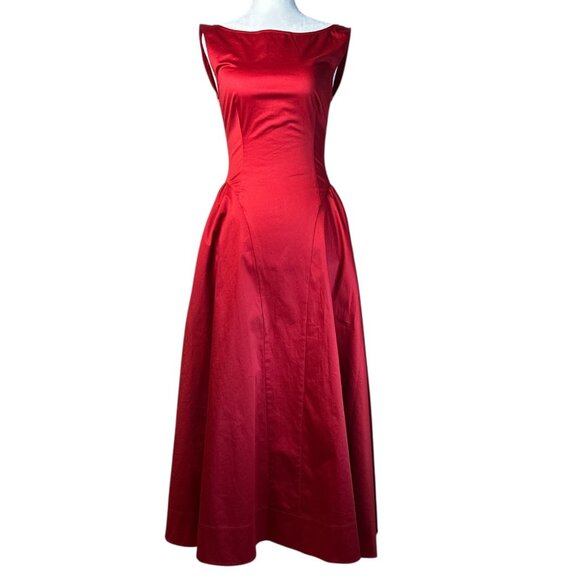 Helsa Stretch Cotton Sateen Midi Dress in Red Small New Womens Aline Fit n Flare - Picture 5 of 16